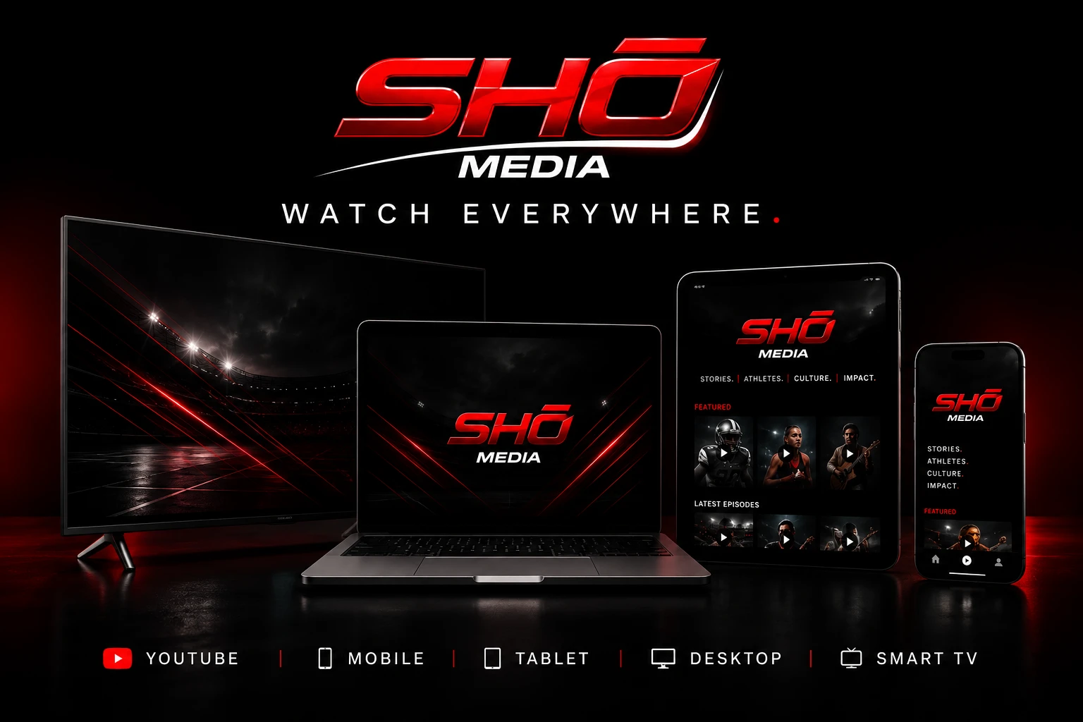 SHŌ MEDIA programming displayed across TV, laptop, tablet, and mobile devices