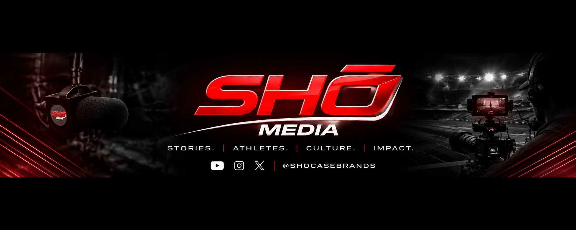 SHŌ MEDIA hero banner featuring the SHŌ MEDIA logo, broadcast equipment, and stadium lighting