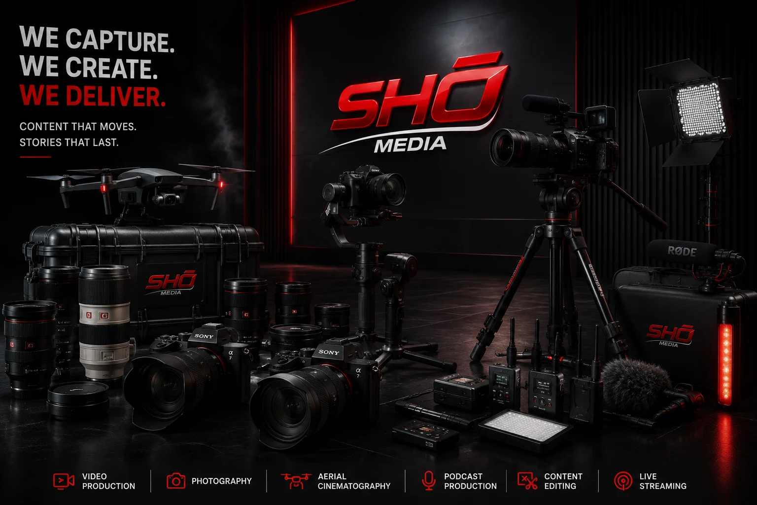 SHŌ MEDIA production equipment including cameras, drones, lighting, and audio gear
